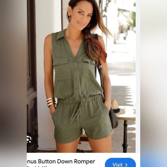 Lascana By Venus Womans Button Down Army Green Romper, SIZE LARGE - Picture 1 of 9